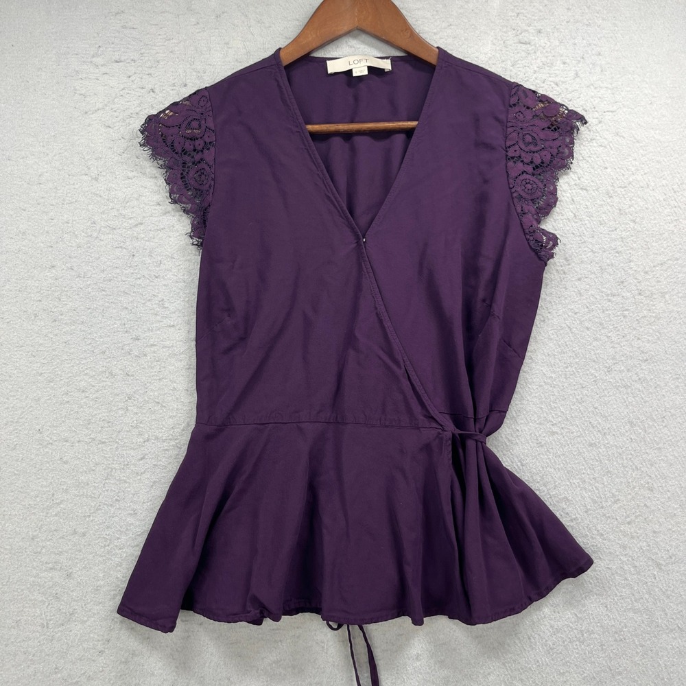 LOFT Peplum Top Womens Small Purple Lace Cap Sleeve Faux Wrap V Neck Boho Chic